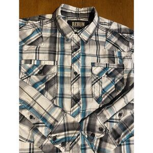 Rerun Mens Large Blue Plaid Long Sleeve Button Up Shirt Western Cowboy Rodeo‎